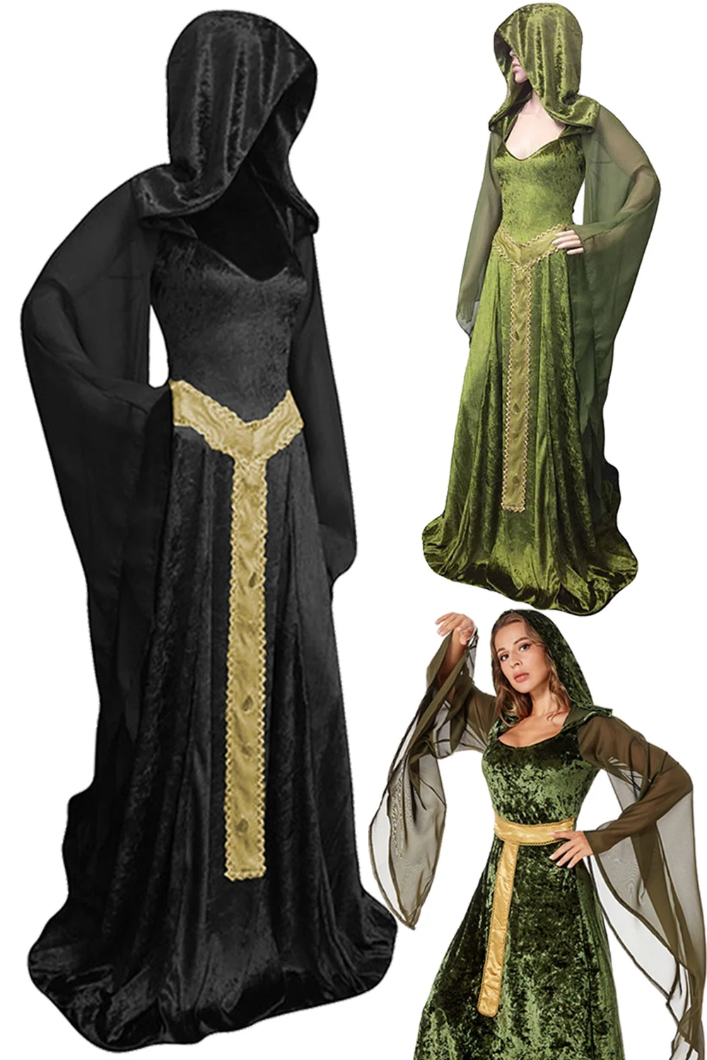 Medieval Lady Women Retro Gothic Green Black Dress Cosplay Costume Gown Vintage Dress Renaissance Outfits Women Halloween Suits