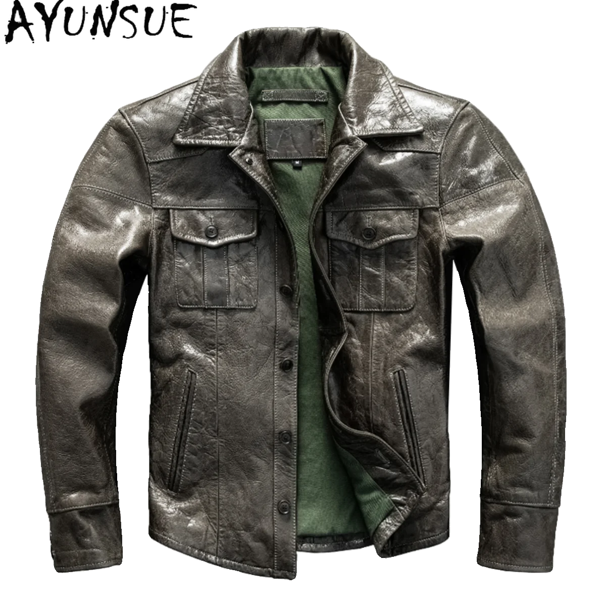 AYUNSUE Retro Genuine Leather Jacket Men Top Layer Goatskin Full Vegetable Tanned Leather Coat Slim-fit Fashion Shirt Jackets