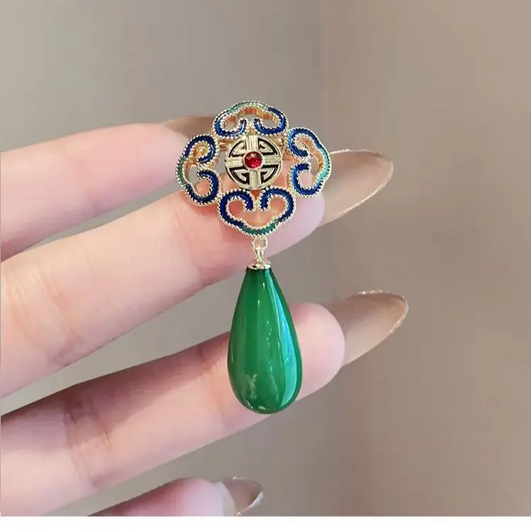 Chinese Traditional Auspicious Cloud Enamel Brooch With Teardrop Green Jade Pendant Hanfu Cheongsam Accessory Anti Slip Lapel