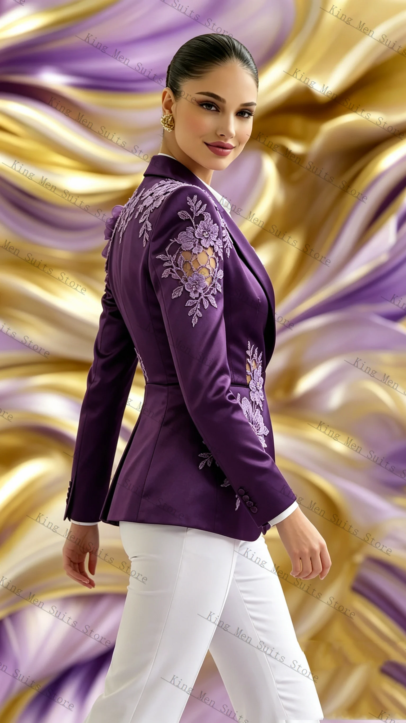 

Purple Formal Women Suits Set 2 Piece Blazer+Cotton Pants Trousers 3D Flower Customized Office Lady Jacket Wedding Prom Coat