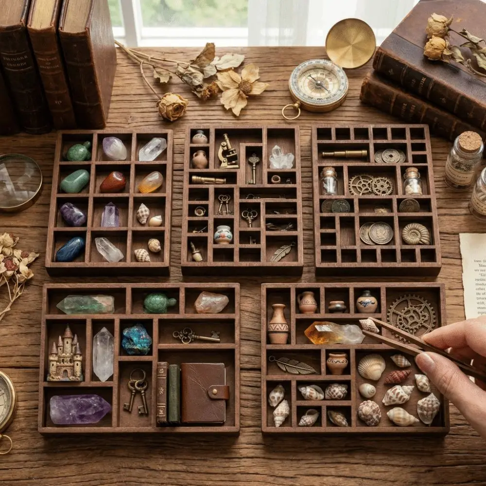 Wooden Mini Jewelry Holder Multi Compartments Ore Specimen Storage Miniature Trinket Shelf Miniature Crystal