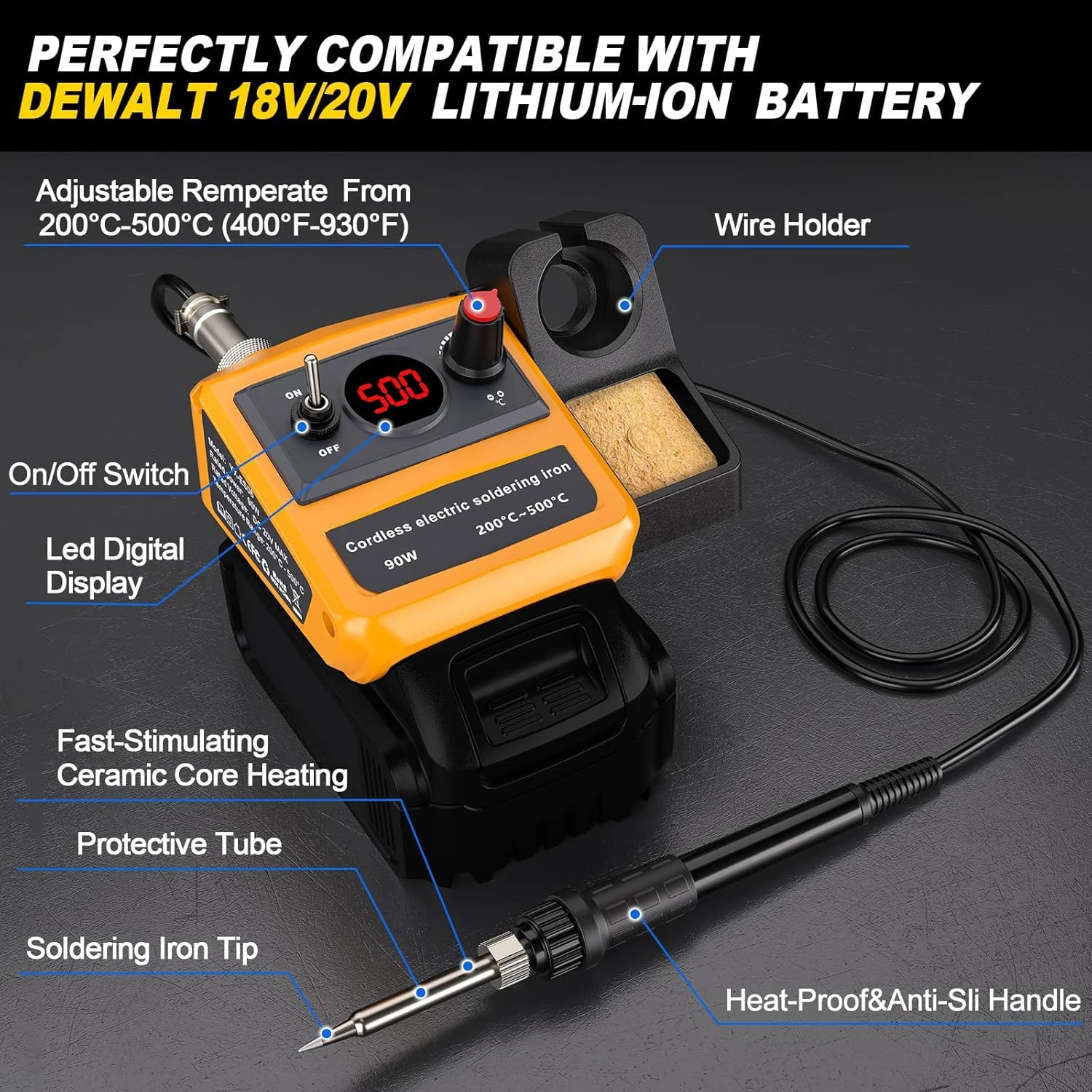 NEW Cordless Soldering Iron for Dewalt 20V Battery, 90W Soldering Station Kit with 5 Tips,DIY Soldering. (Tool Only) view 2