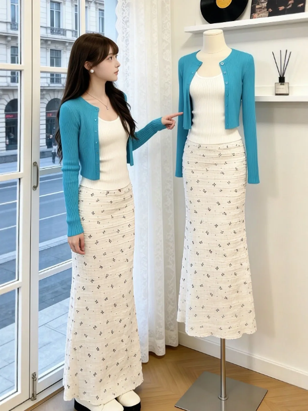 

Теплый и нежный комплект из трех предметов: кардиган, юбка и футболка. Молодежная весенняя коллекция: вязаный топ с длинным рукавом и круглым вырезом.