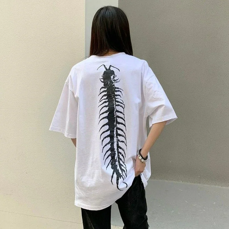 2023 Tshirt Streetwear Vintage Washed Black T-Shirt Centipede Graphic Men Harajuku Retro Ripped T Shirt Cotton Casual Tops Tees