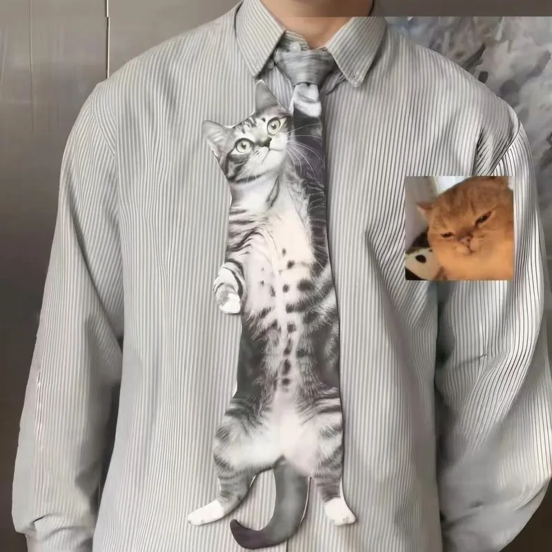 

Gray Personalized Creative Cartoon Cat Print Necktie Fashionable Funny Design Embellishments Accessory for Men