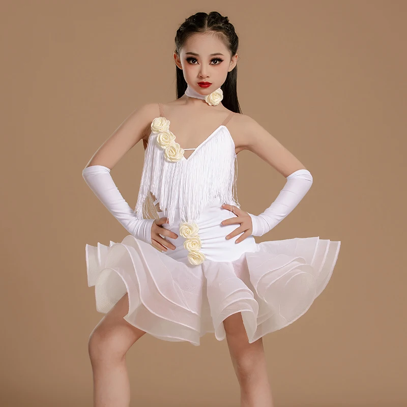 Ensemble de costume de performance à pompons pour enfants haut de gamme, costume d'entraînement pour filles de danse latine pour enfants