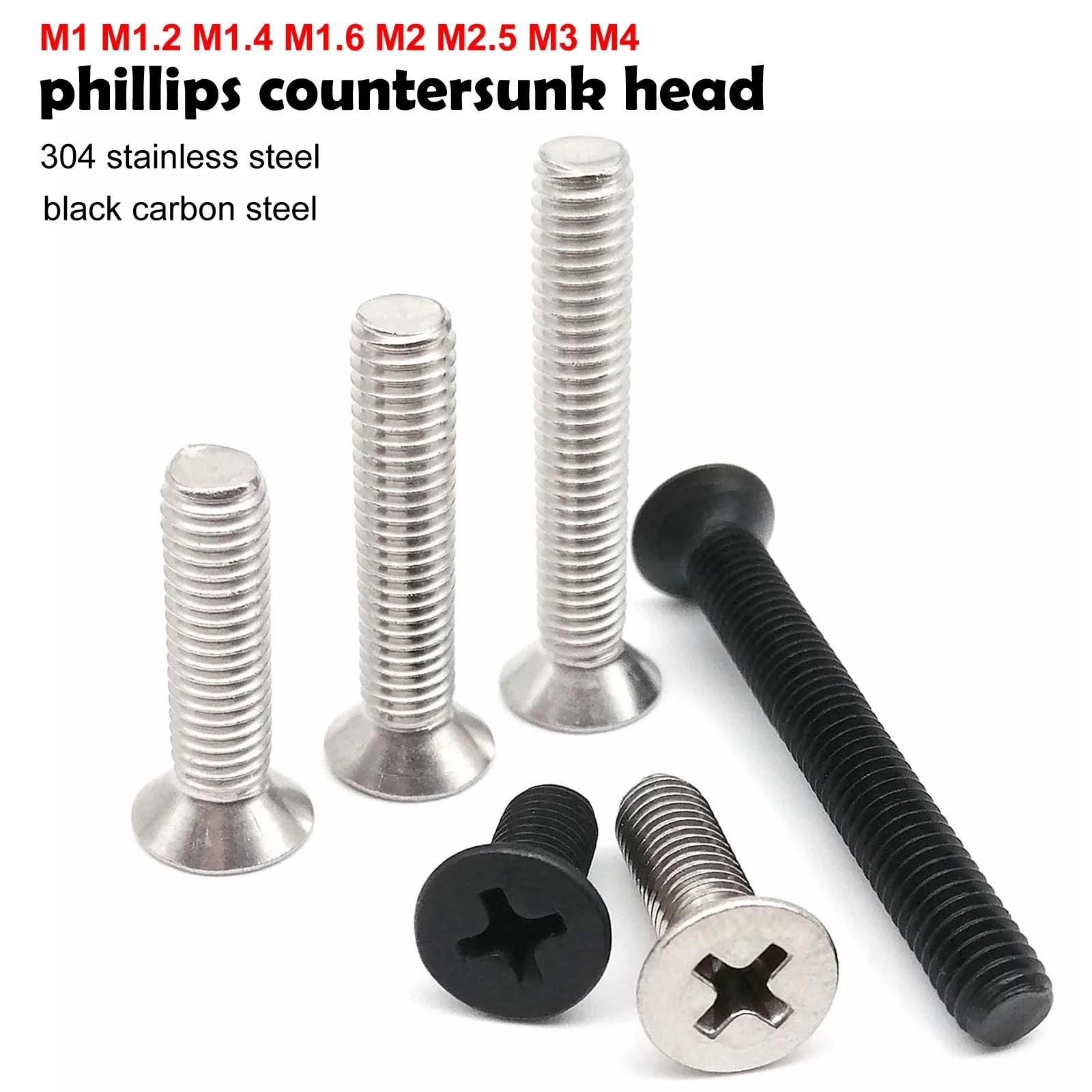 HZYUEGOU 50 Stück M1 M1.2 M1.4 M1.6 M2 M2.5 M3 M4 Mikro Kleine Schwarze 304 Edelstahl Phillips Senkkopfschrauben – Detail 2