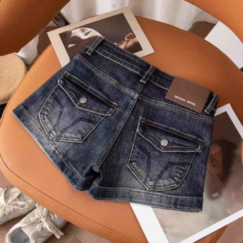 

HOUZHOU Vintage Y2k Denim Shorts Women Sexy Spicy Girl Embroidery Shorts Punk Retro Low Waist Distressed Short Jeans Streetwear