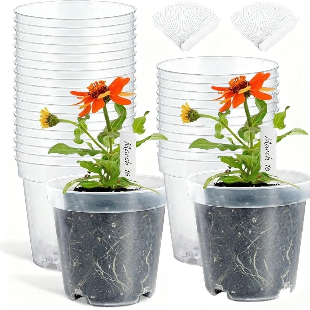 

Clear Plastic Flower Pots for Gardening 30 Pieces with Drainage Holes and 50 Plant Labels for Plant Organization