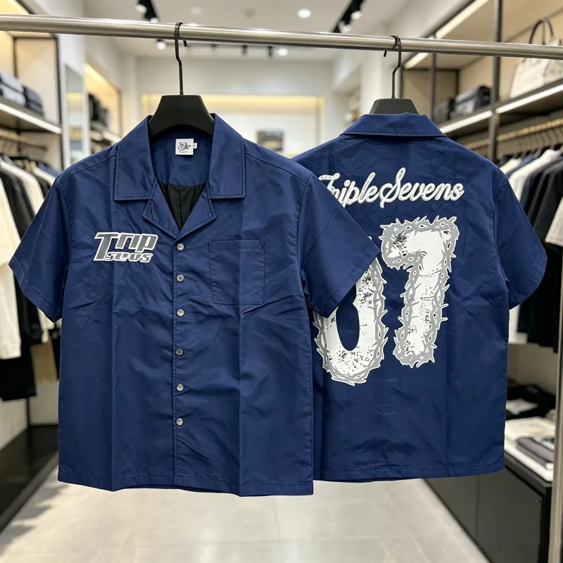 

Blue Triple Sevens Inseide Splice Black Shirts Chest Embroidery Logo Clothes Men Women Back 07 Digit Short Sleeve Loose Shirt