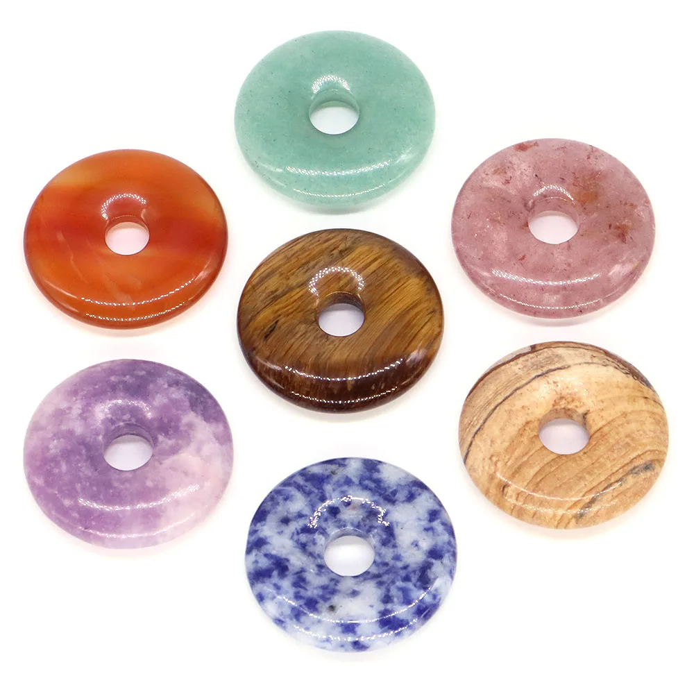 30mm Crystal Big Hole Round Donut Natural Stone Agate Jade Rose Quartz DIY Meditation Gemstone Handicrafts Home Decor Lucky Gift