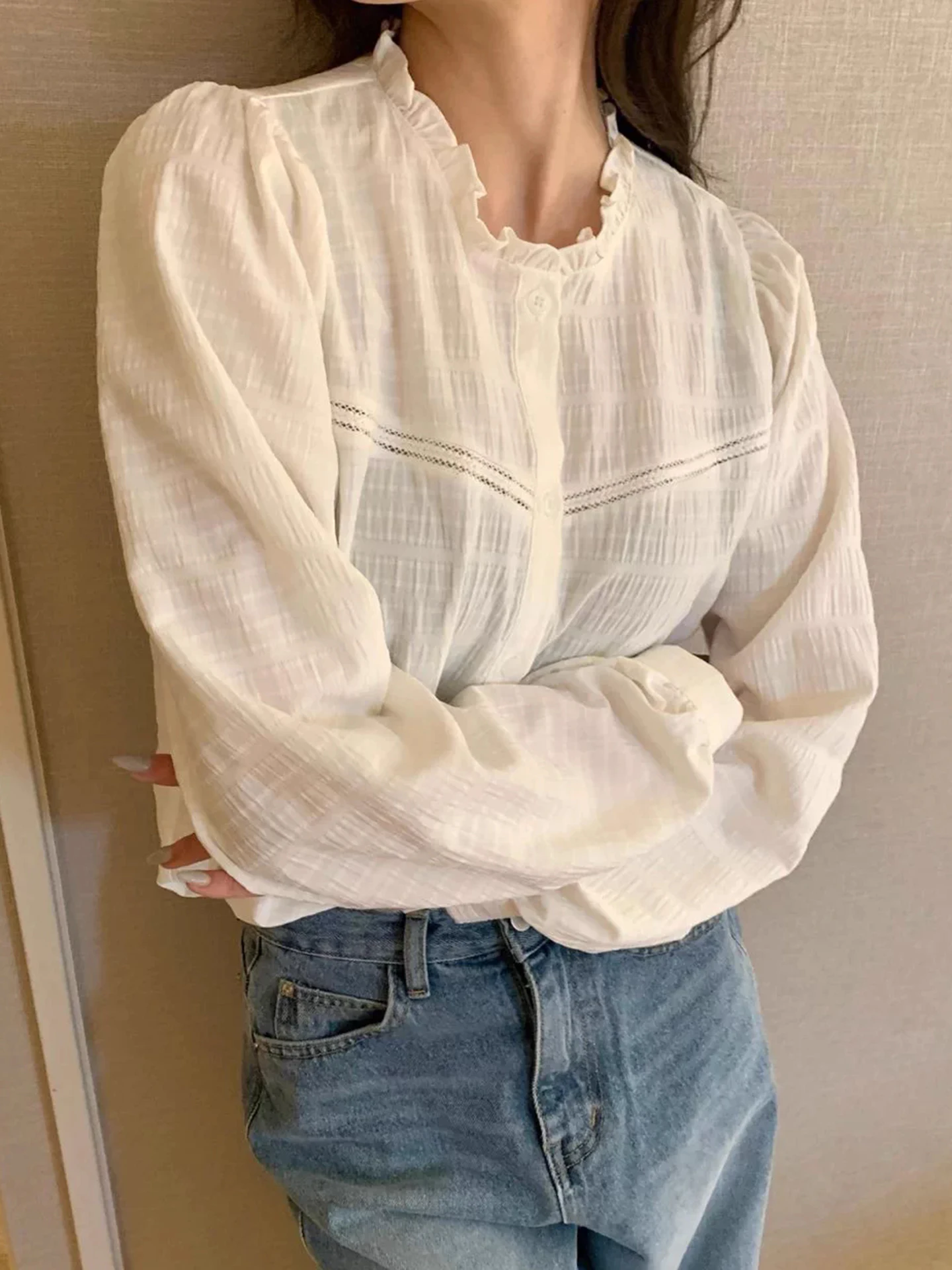 

Женский топ Liangliang Home Spring New в стиле ретро, белый, с текстурой «пузырьки», свободного кроя, корейский стиль, из полиэстера