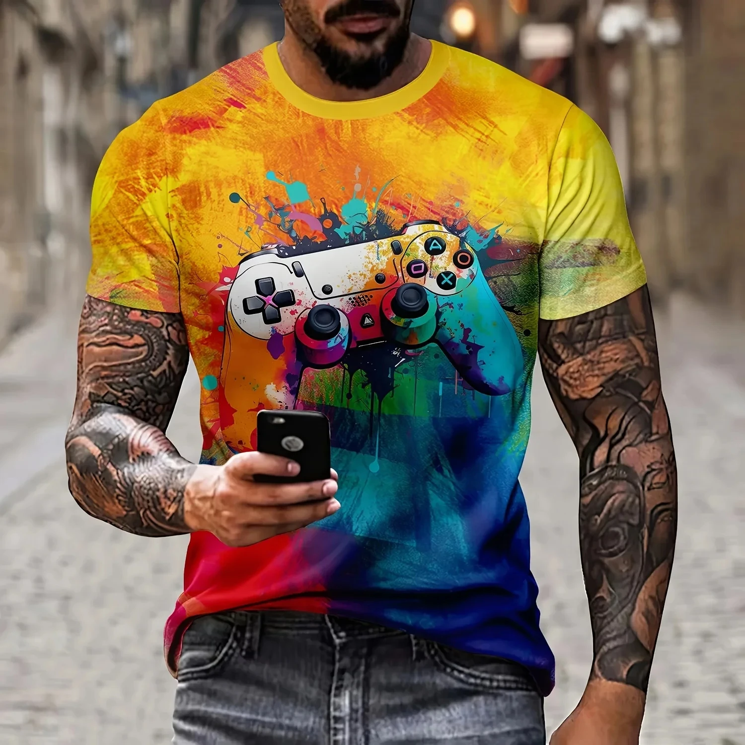 Men's T-Shirt Artistic Color Entertainment Game Controller Pattern Splicing 3D Printed Casual Short Sleeved Fashionable Clothes