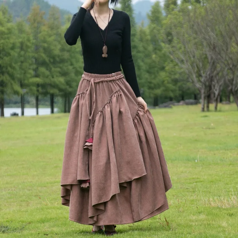 

Винтажная осенне-зимняя женская утепленная вельветовая юбка с эластичной резинкой на талии, юбки трапециевидной формы с неровными меховыми грузами, повседневные макси-юбки