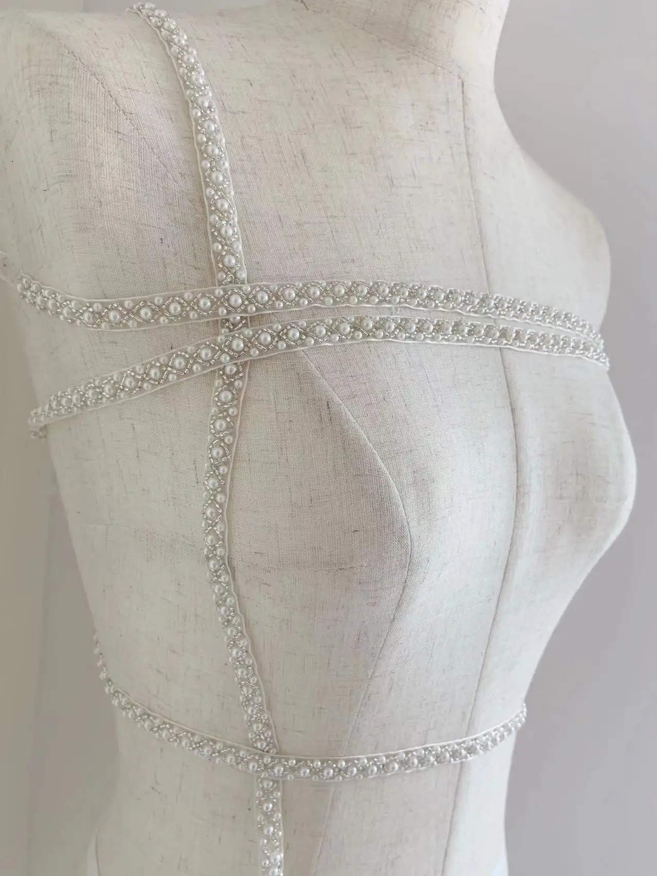 5 Yards Off White Pearl Belt Beaded Lace Ribbon Tape Trim for Haute Couture,Clothing,Bridal Sash,Wedding Decor