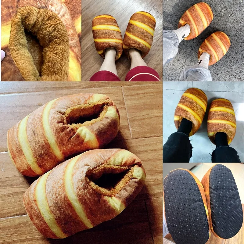 Fake imitation bread slippers lazy women slip on fur slides ladies winter footwear desginer faux toast pineapple durian slippers