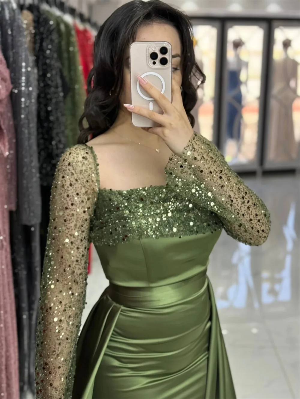Cathy Customized Green Square Neck Sequin Prom Dress Long Sleeves Detachable Train vestidos de noiva Zip Back Evening Dresses