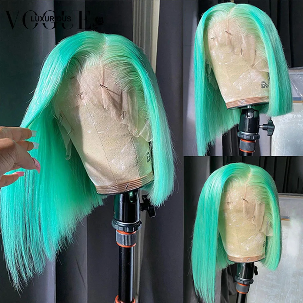 

Straight Short Bob Pixie Cut Mint Green Rose Hot Pink Colored Human Hair Wigs 5X5 Closure Glueless Wig Brazilian Ready To Wear