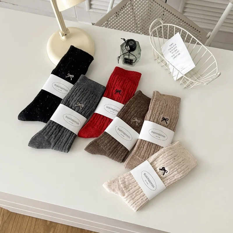 6 Pairs 2026 Autumn and Winter Cotton Knitted Fancy School Socks Solid Color Women's Socks Set Ladies Spring Thermo Grip Socks