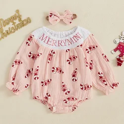 Baby Girls Christmas Romper Candy Cane Print   Letter Smocked Jumpsuits Bow Headband For Newborn Clothes