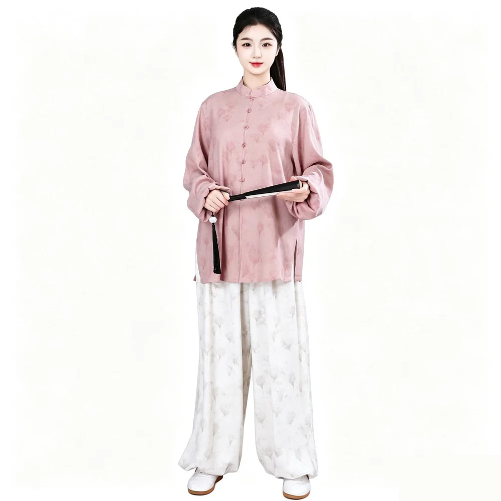 Soft Cotton Linen Tai Chi Suit for Women Vintage Print Chinese Kung Fu Uniform Stand Collar Loose Fit Eight Section Brocade