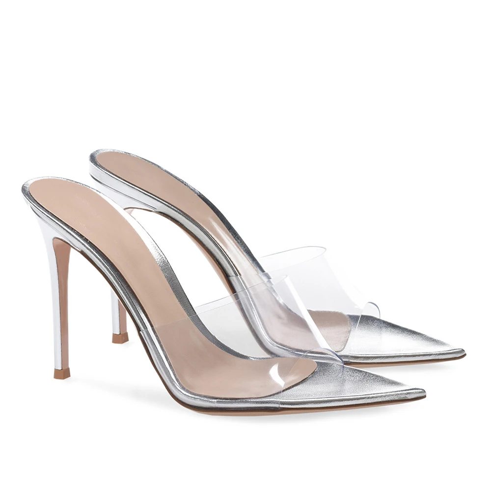 2022 Clear Sandals for Women Stiletto High Heels Transparent PVC Mule Shoe Silver Wedding Heels Party Dress Heeled Summer Sandal