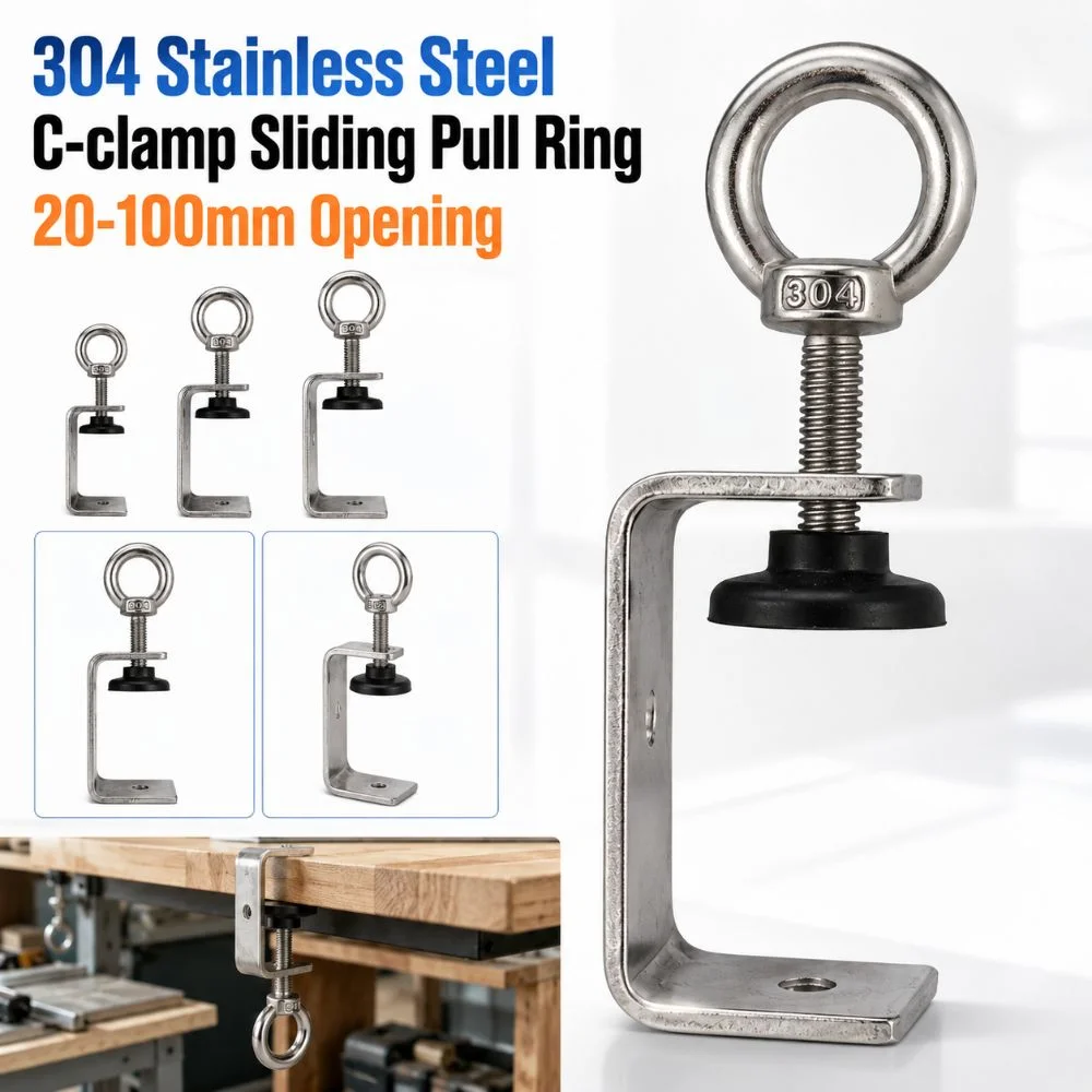 1pc 304 Stainless Steel C-clamp Pull Ring Adjustable Square Clamp Sturdy 20-100mm Opening Fixed Holder Clip Hardware Fasteners