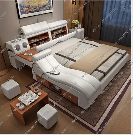 YX MANBAS Tech Smart Multifunctional Bed Frame With Genuine Leather, Bluetooth Speaker, And Massager Ultimate Soft Lit Tatami Ca