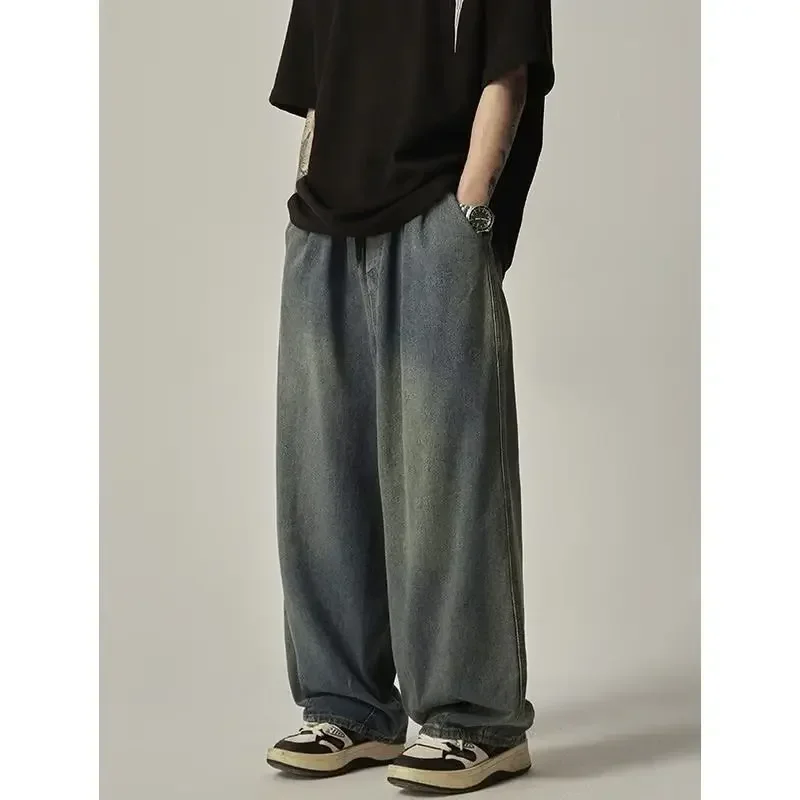 Spring and Autumn Vintage Men Jeans American High Street Casual Trendy Lazy Style Loose Wide-leg Straight-leg Floor-length Pants