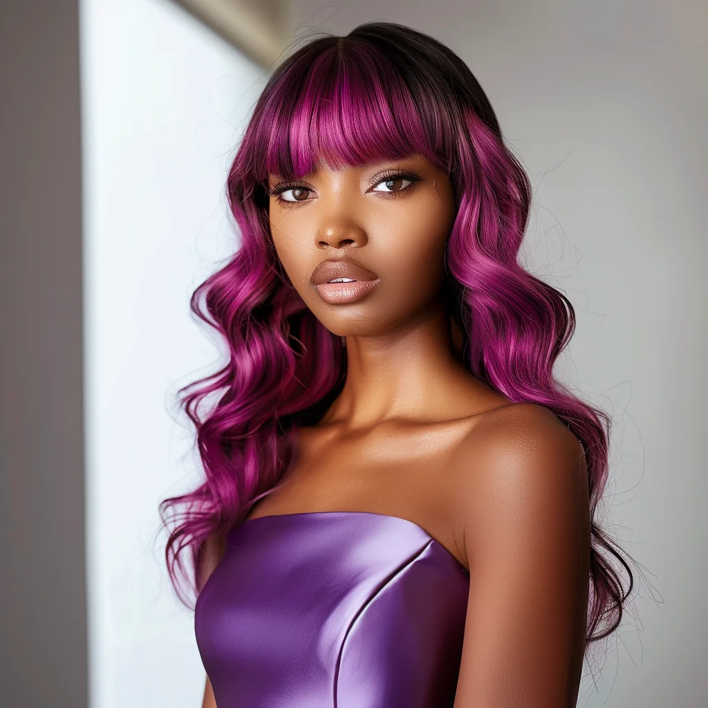 

Цветной парик Lekker, 22 дюйма, розово-фиолетовый, длинный, с волнистыми прядями, 100% натуральные человеческие волосы, с челкой, для женщин, бразильские волосы Реми, без клея, для косплея