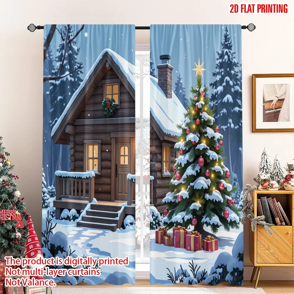

2pcs 2D flat printing Christmas Scene Curtain Cozy Cabin Christmas Tree Gifts Polyester Without Electricity Party & Holiday