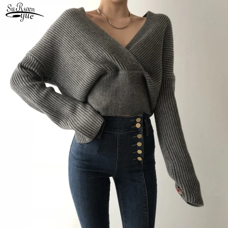 

Bottom Knitwear Women's Sweater Sexy Long-sleeved Tops Cross Collar Sweater Woman 2021 Autumn and Winter New Korean Slim 16059