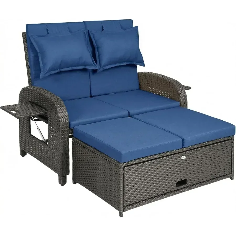 Patio Daybed for Outdoor Use, Wicker Material, Navy Blue Color, Includes Storage Ottoman