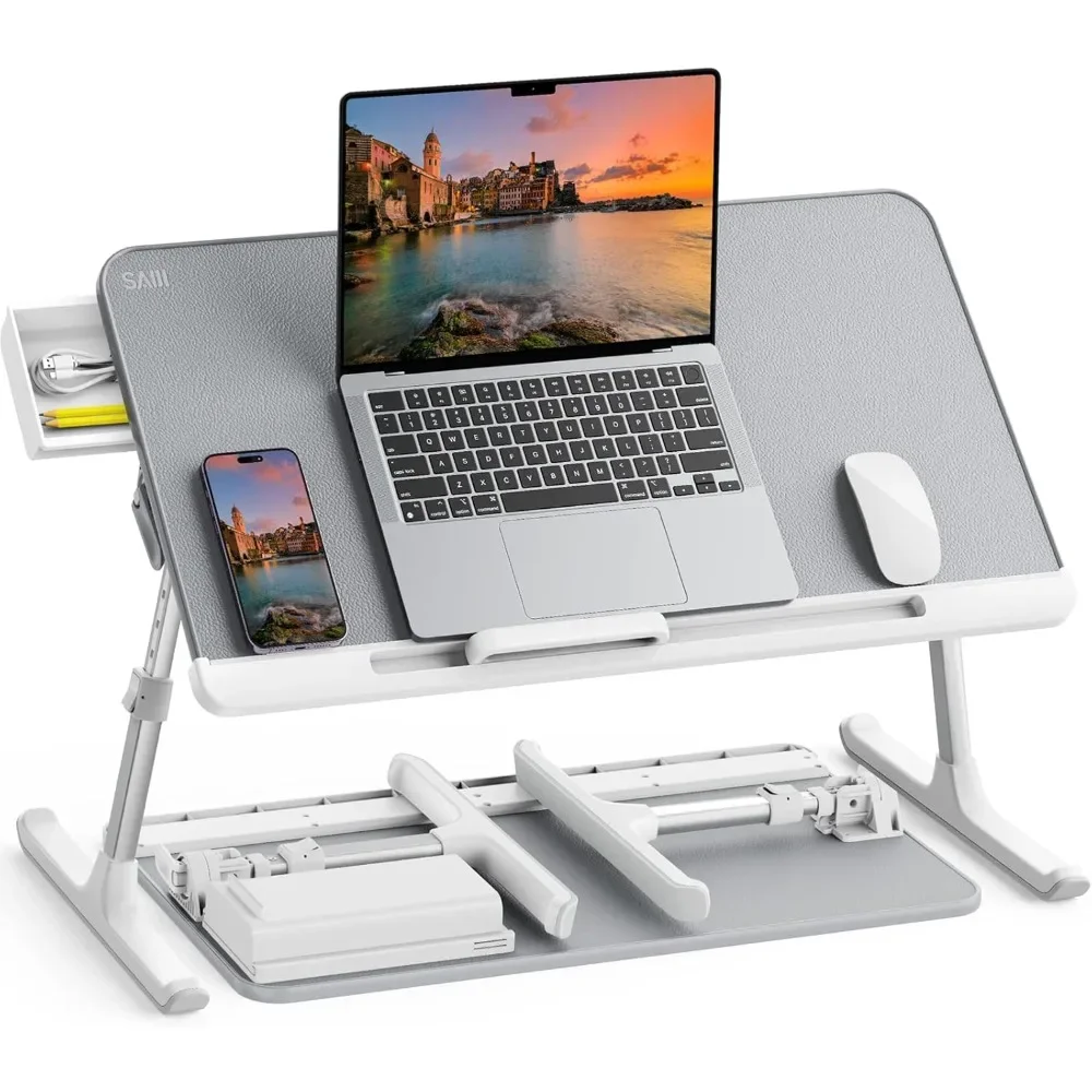 Laptop Bett Tablett Tisch, verstellbarer PVC Leder Laptop Bett Tisch, tragbarer Stehpult mit Schublade