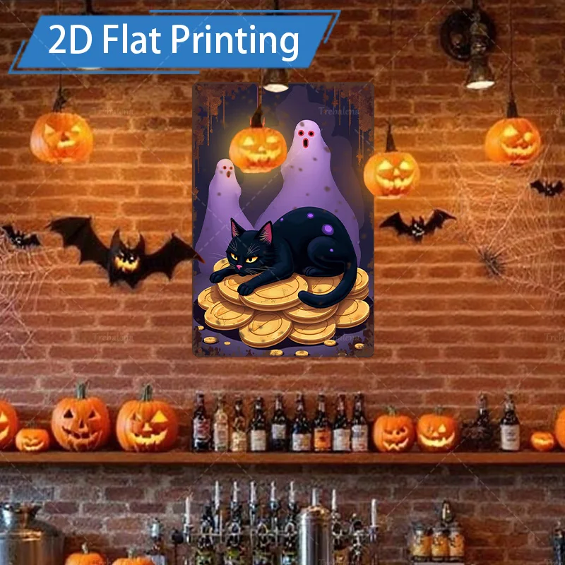 1 قطعة 8x12 بوصة علامة معدنية للهالوين القط الأسود والأشباح على العملات الذهبية المعدنية جدار ديكور فني #1