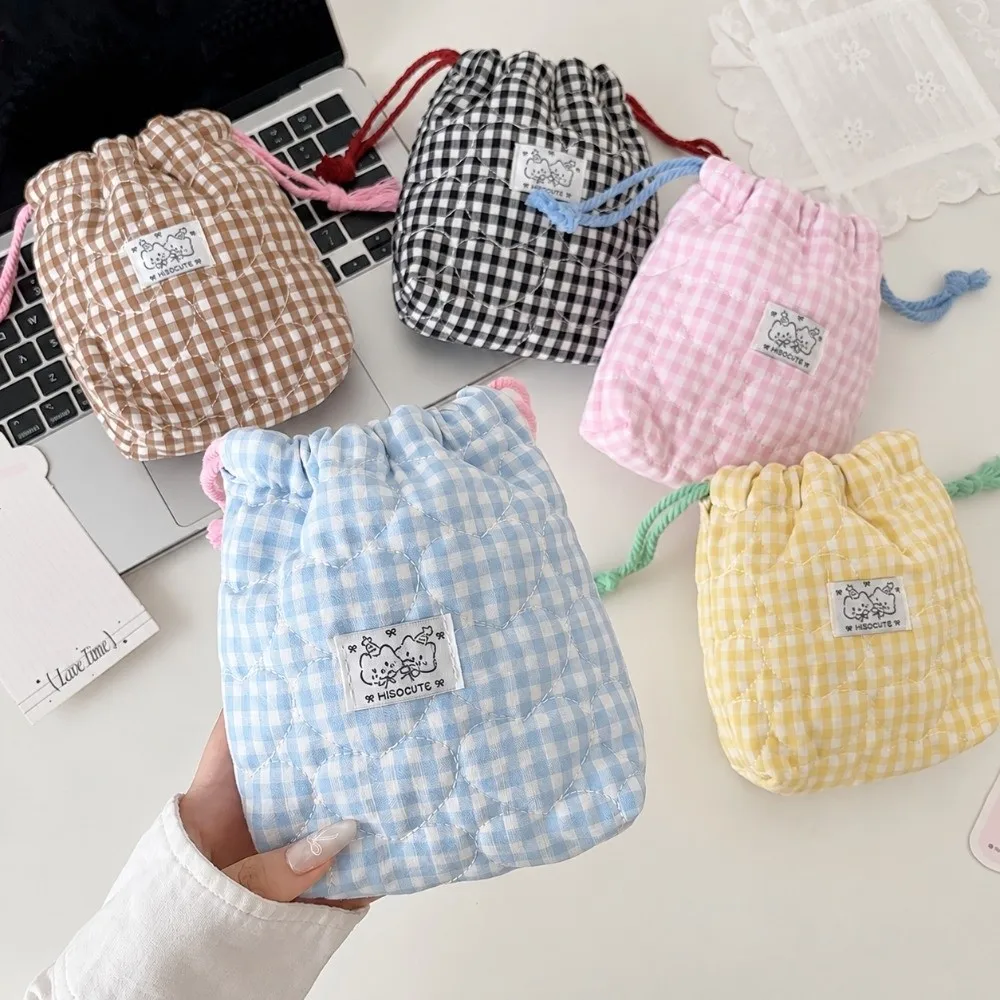 New Plaid Drawstring Makeup Bag Love Heart Label Quilted Fabric Camera Storage Bags Cute Style Cable Organizer Bag For Girls