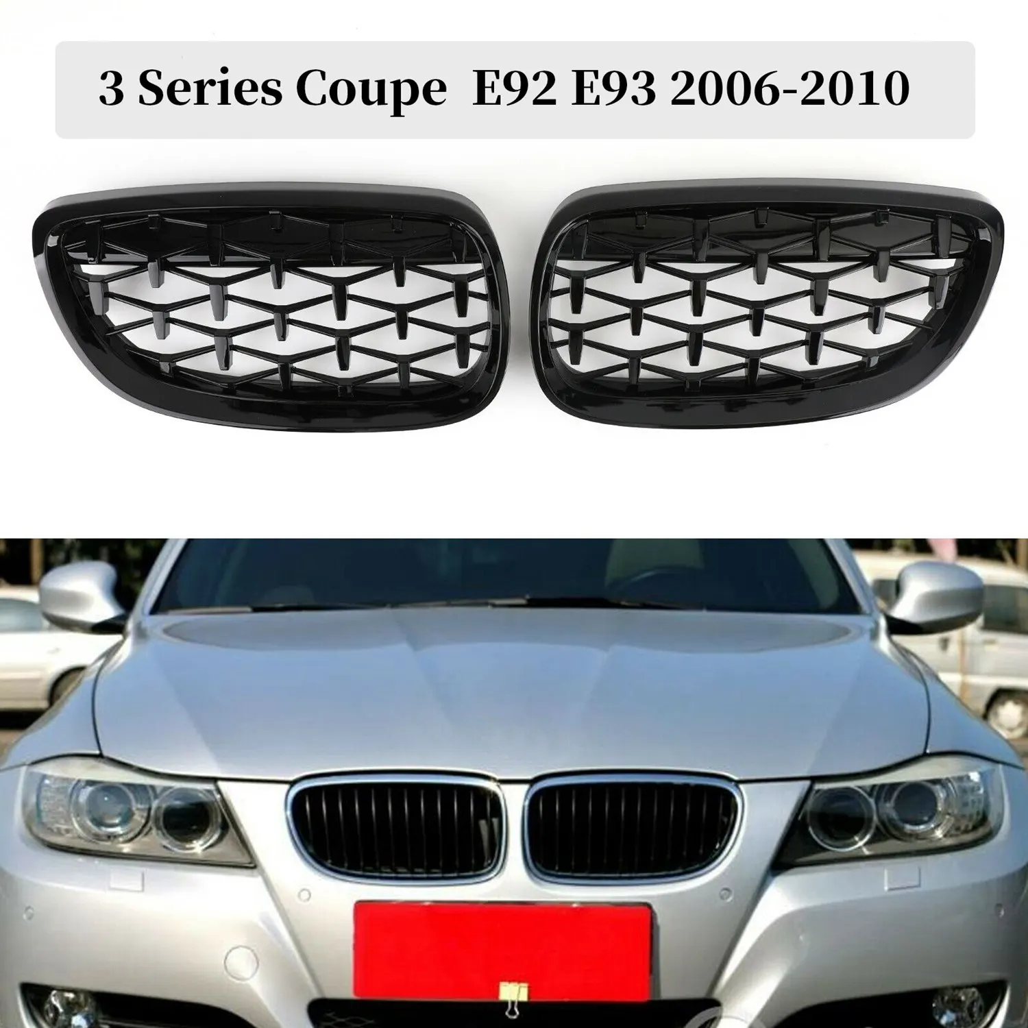 Front Kidney Grill, Front Hood Diamond Grille Meteor Grill For- 3 Series Coupe E92 E93 M3 2006-2010