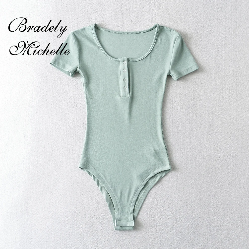 BRADELY MICHELLE Sexy Slim Thin Tops Solid Knit Short Sleeve Bottom Summer Bodysuits Women Summer Rompers