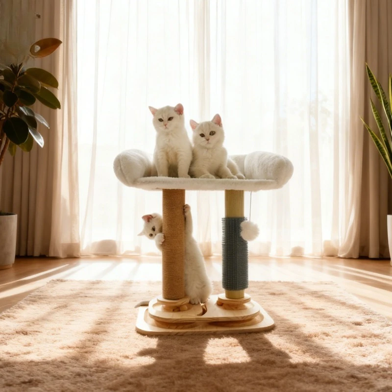 Sisal Cat Scratching Post, All-in-one Kitten Climber Toy with Teaser Wand, Wear-resistant Less Debris for Cat Self Entertainment