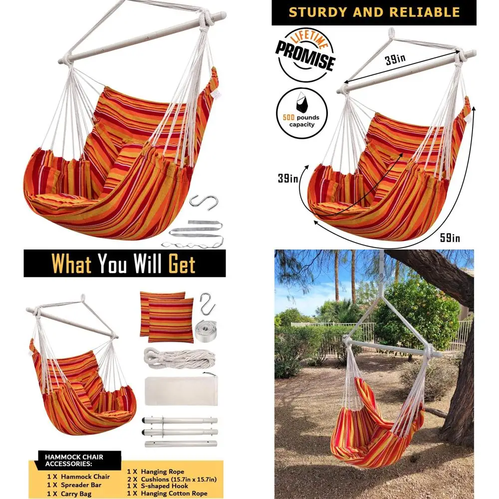 

Большое подвесное кресло-гамак с противоскользящей перекладиной для использования в помещении и на улице, выдерживает до 227 кг, с 2 подушками