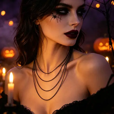 European American Dark Black Multi Layer Fine Chain Necklace Women Halloween Gothic Layered Metal Choker Long Accessory