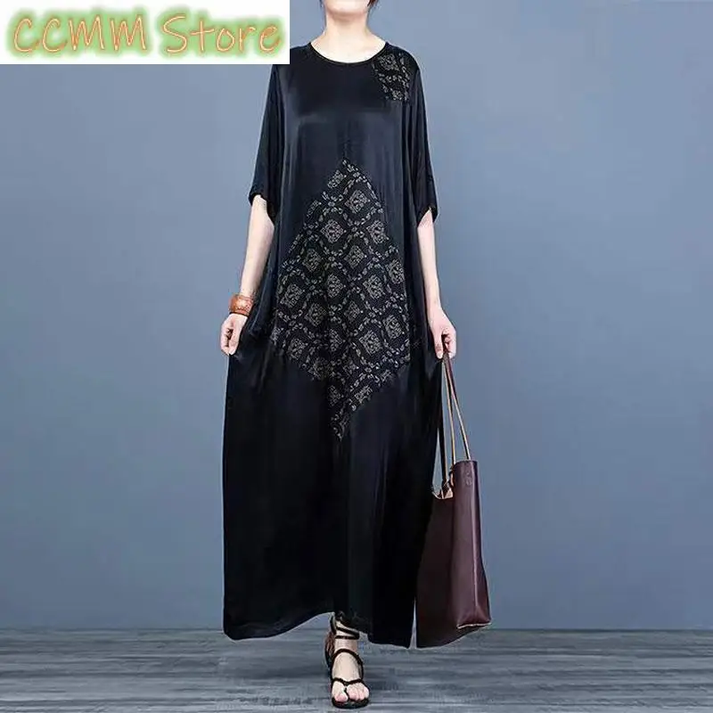 

Commute Folk Printed Long Dress Vintage Spliced Women's Clothing Casual Loose Summer Short Sleeve Basic O-Neck Straight Dresses