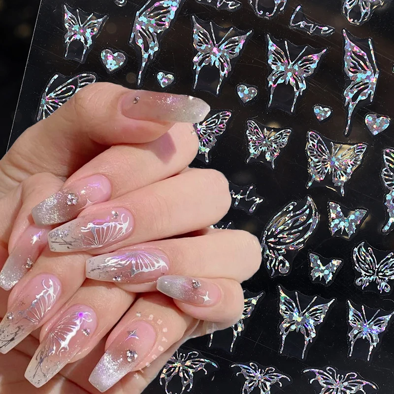 Laser Butterfly Nail Stickers FHolographic Snake Dragon Heart Star Moon Adhesive Sliders 3D Nail Art Decal Decoration Nails