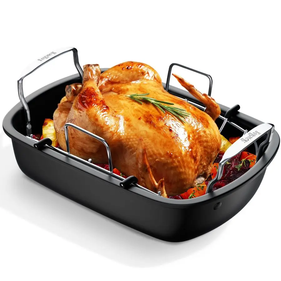 

Turkey Roasting Pan with Rack, 17 x 13 Inch Turkey Pan, large roaster pan for Meat amp Vegetable, Silver