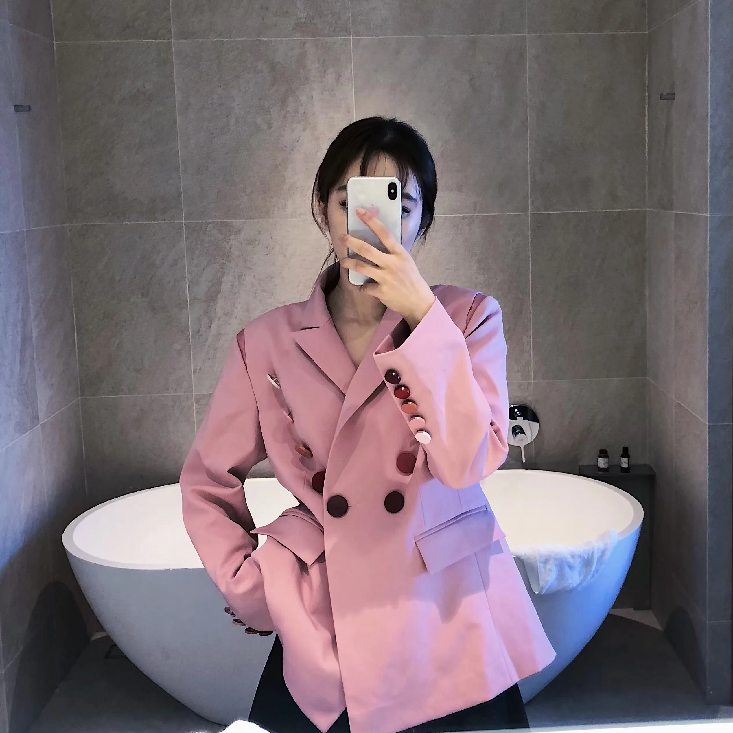 

Women's adient Color Blo Leather Jaet Pink Button up Slim Fit Wool Blend Long Sve Suit Outerwear Autumn Winter New S...