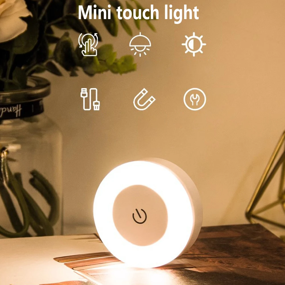 Mini LED Sensor Night Lights, 3 Modos, USB Recarregável, Base Magnética, Luz de parede, Redondo, Portátil, Escurecimento, Decoração do quarto