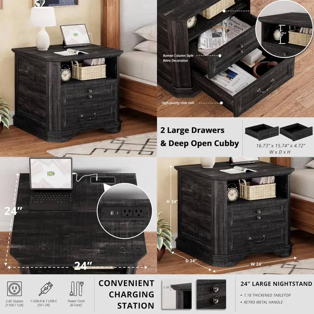 Farmhouse Style 23.4 Inch End Table with Charging Port, Large Drawers, Ideal for Bedroom, Charcoal