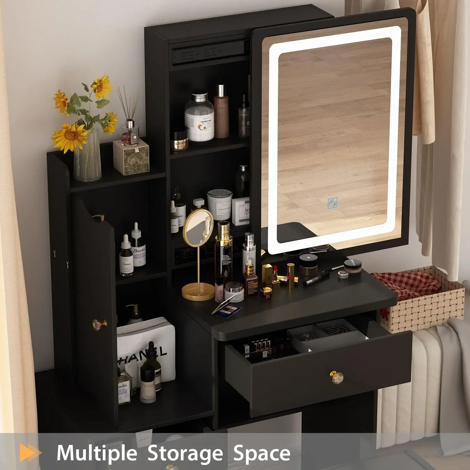 NEW Vanity Mirror with Lights Desk and Chair, Vanity Desk with Sliding Lighted Mirror, Makeup Vanity with Lights, Drawers USA image 3