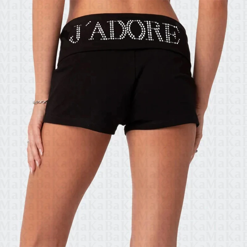 Эстетичные женские шорты с надписью стразы, повседневные корейские широкие брюки на шнуровке с эластичным поясом, шорты для велосипедистов, одежда Y2k