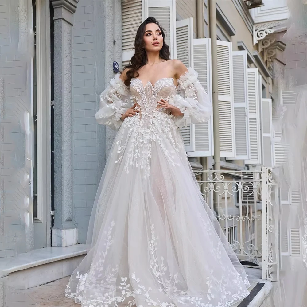 Abiti da sposa con spalle scoperte Colletto a cuore Abiti a trapezio senza schienale per le donne Lunghezza lavata Abiti da sposa personalizzati